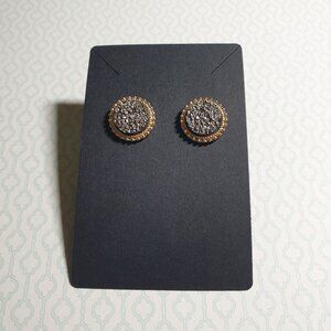 Vintage Gold Tone Round Drusy Crystal Stud Earrings Textured Design Women Retro